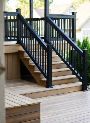 Custom deck stairs with black railing