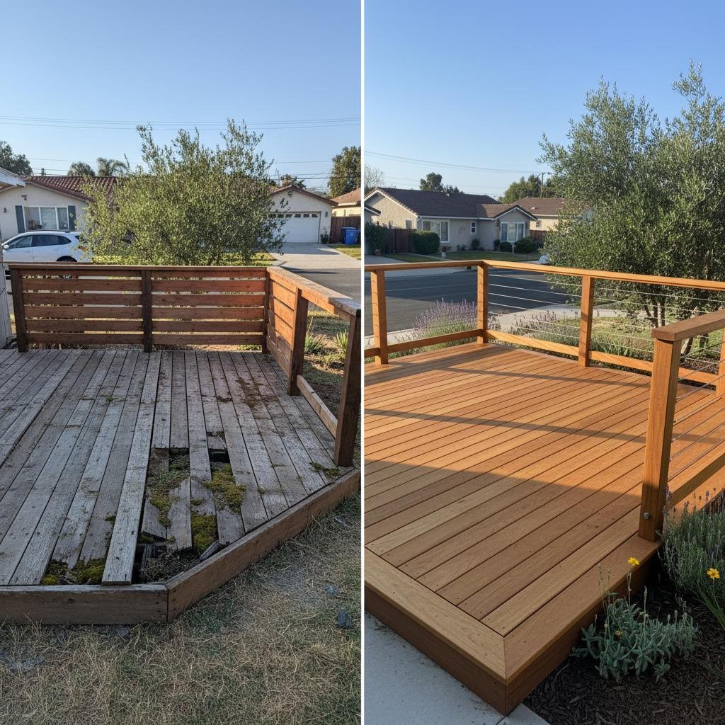 Worn deck boards beside a restored deck surface