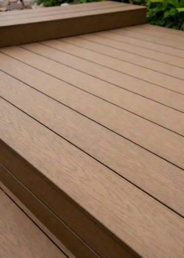 Close-up of grooved composite deck boards